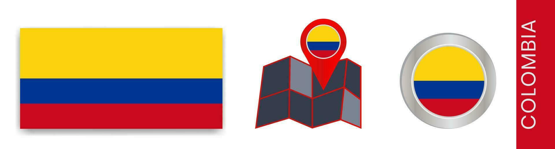 samling av nationell flaggor av colombia isolerat i officiell färger och Karta ikoner av colombia med Land flaggor. vektor