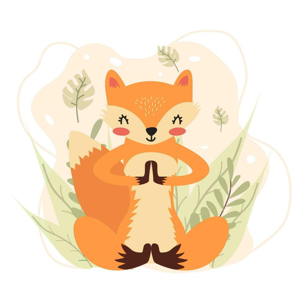 Fuchs ist beschäftigt, verlobt im Yoga. Vektor Illustration von ein meditieren Tier. Wald Tier. süß Fuchs im Karikatur Stil auf das Hintergrund von Blätter. kreativ Illustration. T-Shirt drucken. isoliert Hintergrund.