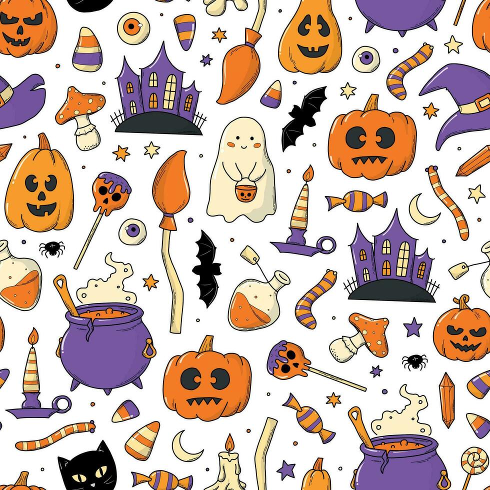 halloween sömlös mönster med söt doodles, tecknad serie element för barnkammare textil- grafik, tapet, omslag papper, stationär, scrapbooking, förpackning, bakgrunder, etc. eps 10 vektor