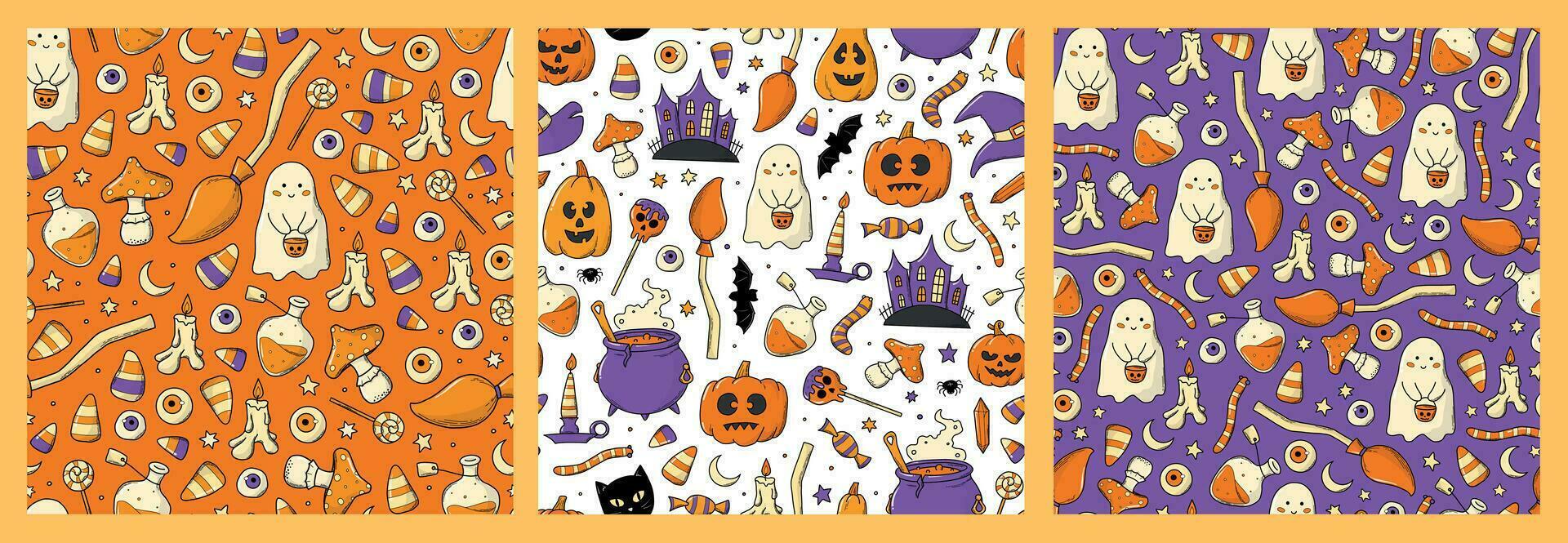 einstellen von 3 Halloween nahtlos Muster mit Kritzeleien zum Kindergarten Drucke, Karten, Hintergrund, Textil, Verpackung Papier, Scrapbooking, Hintergründe, usw. eps 10 vektor