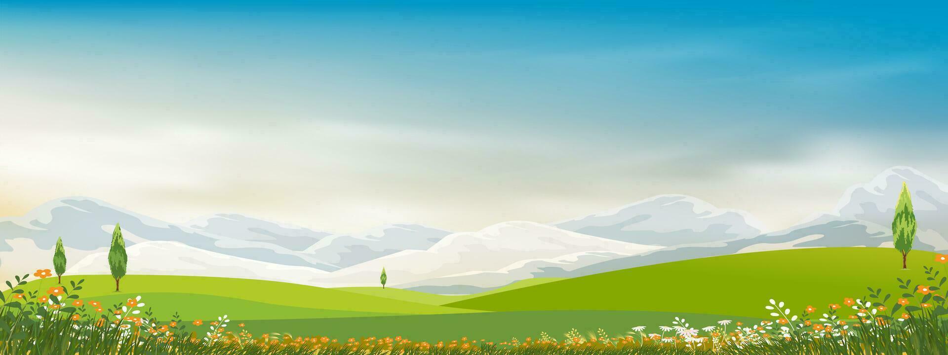 vår bakgrund med grön gräs fält landskap med berg, blå himmel och moln, panorama sommar lantlig natur i med gräs landa på kulle.tecknad film vektor illustration bakgrund baner