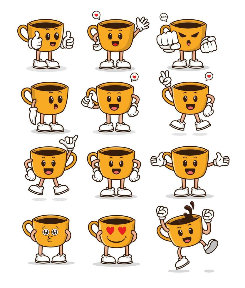 kaffe kopp tecknad serie karaktär uppsättning, samling av kaffe tecknad serie karaktär vektor