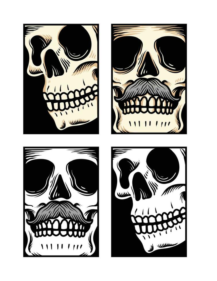 hand dragen skalle huvud, gravyr skalle, design skalle uppsättning, samling skalle huvud, svart och vit illustration vektor