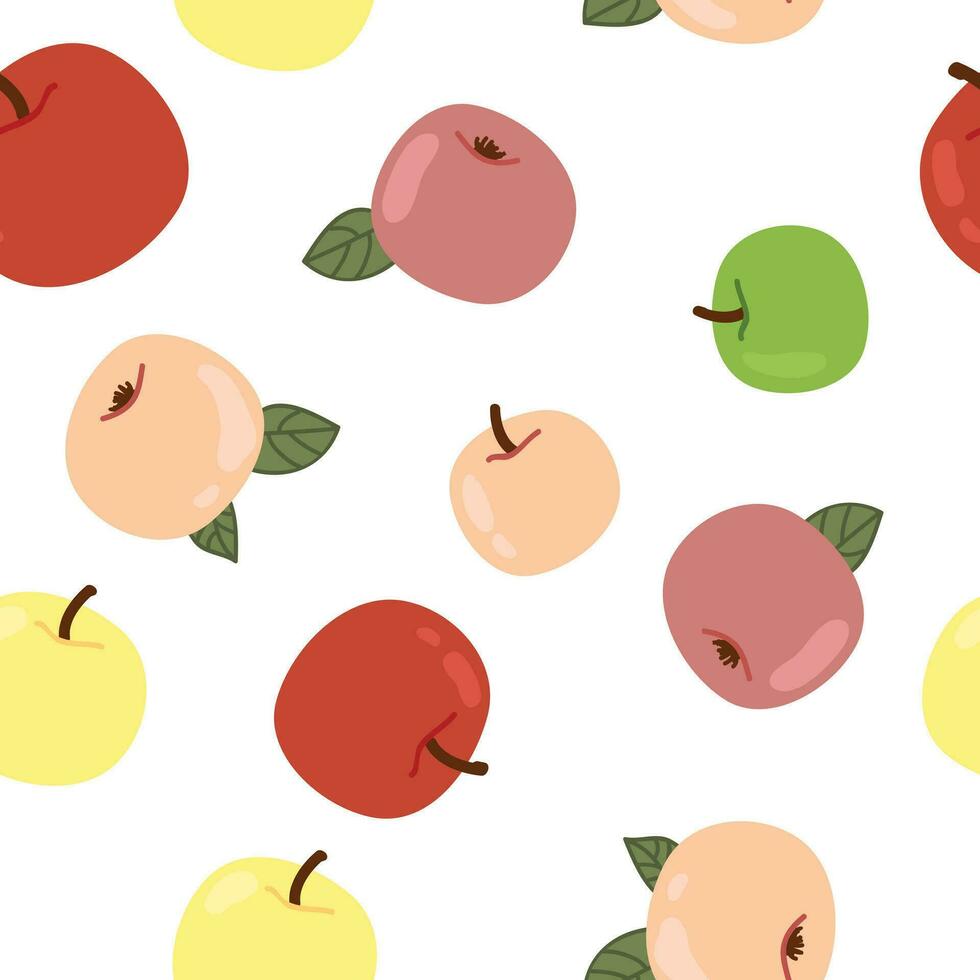 vektor sömlös mönster med färgad äpplen isolerat på de vit bakgrund. sommartid, färsk frukt med löv i platt stil. de bäst för tyg, Hem textil, Hem dekor.