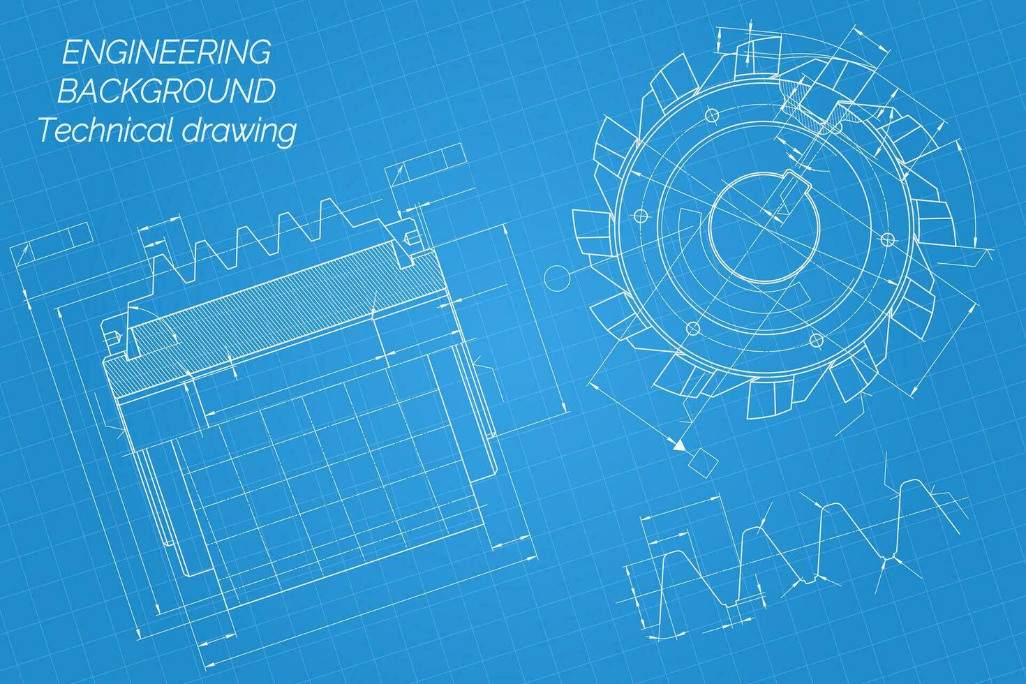 mechanisch Ingenieurwesen Zeichnungen auf Blau Hintergrund. Schneiden Werkzeug, Mahlen Cutter. technisch Design. Abdeckung. Entwurf. Vektor Illustration.