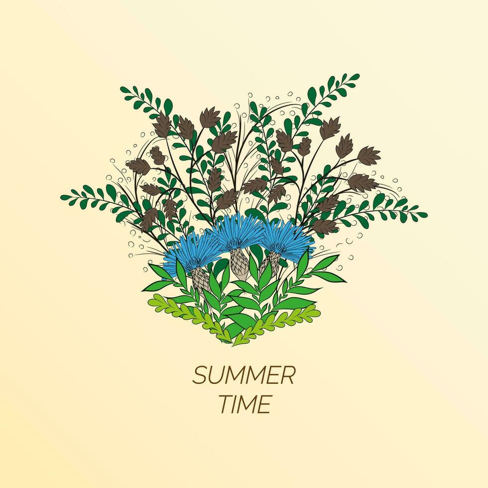 Sommer- Blumen- Hintergrund im das bilden von ein Kranz von Kornblumen und Grün Blätter. zum das Design von Postkarten, Broschüren, Flyer. vektor