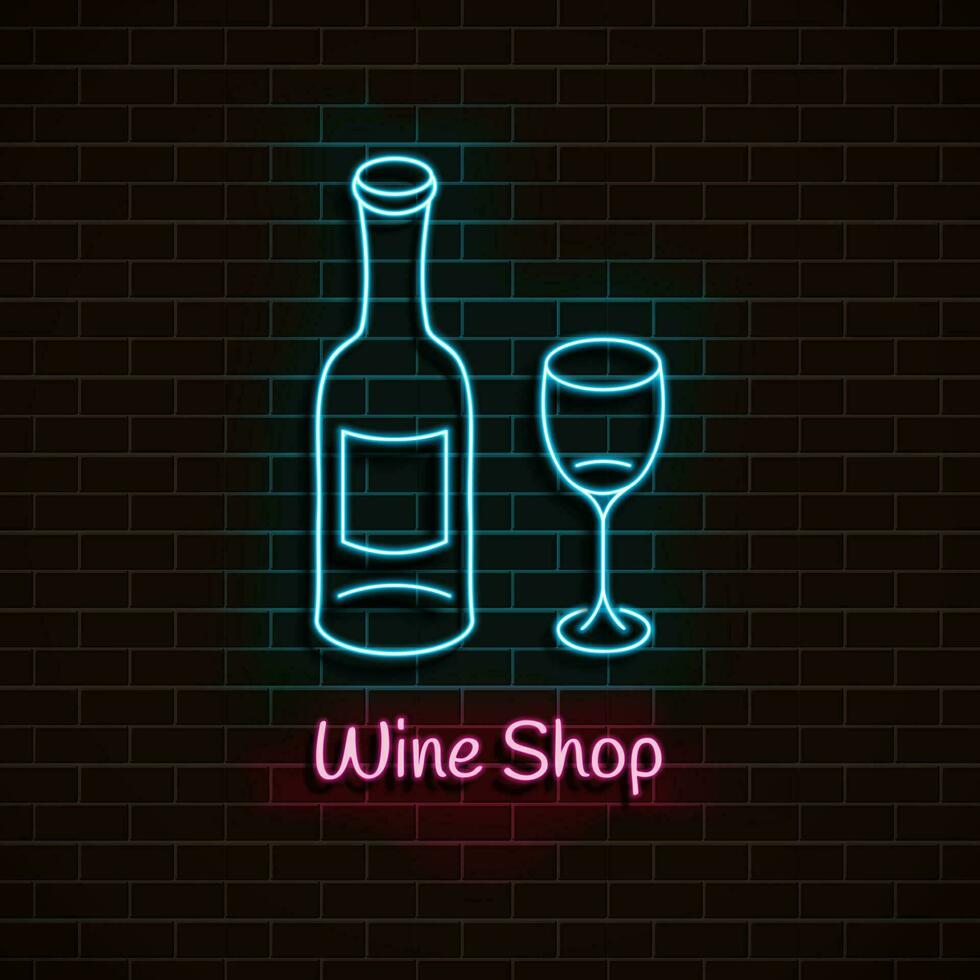 Wein Geschäft. Neon- Blau unterzeichnen. Licht Banner. Vektor Illustration.