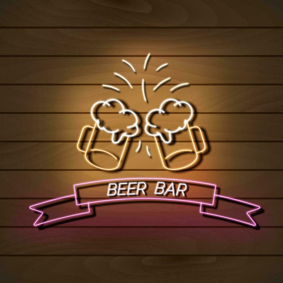 öl bar neon ljus baner på en trä- vägg. orange och rosa tecken. dekorativ realistisk retro element för webb design vektor