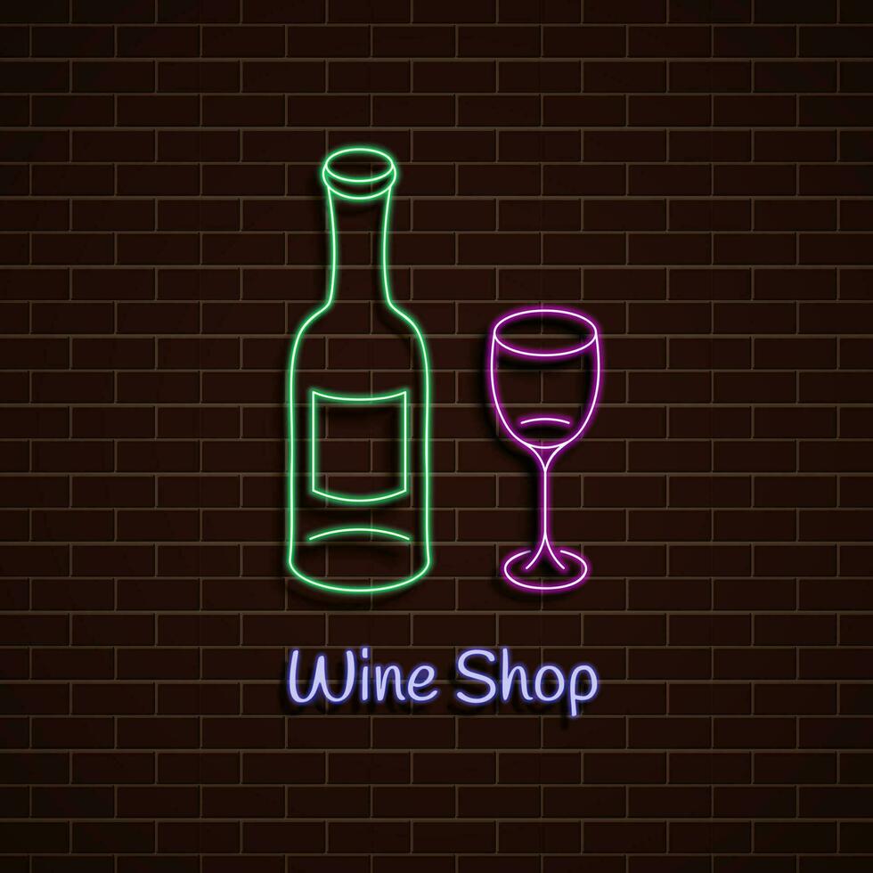 vin affär. neon grön och rosa tecken. ljus baner. vektor illustration.
