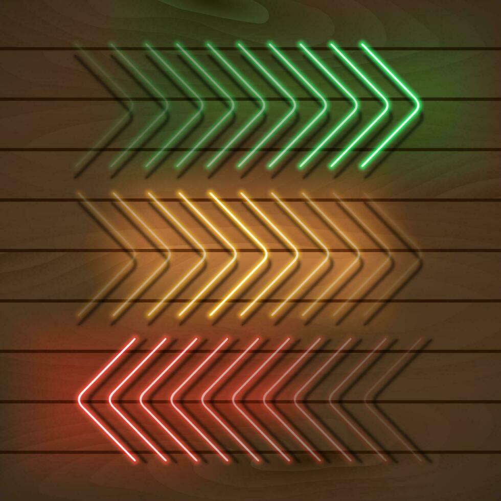 neon grön, gul och röd pilar på en trä- vägg. vektor illustration.