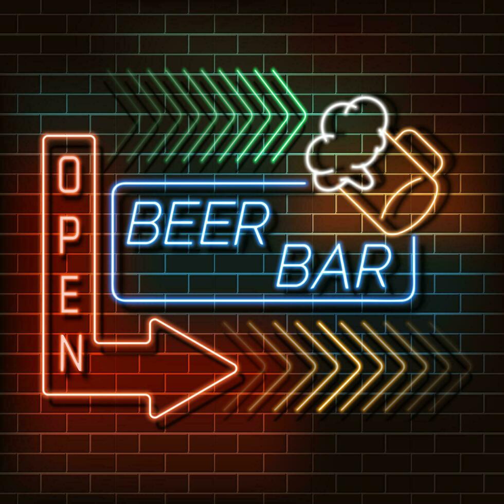 Bier Bar Neon- Licht Banner auf ein Backstein Mauer. Blau und Orange unterzeichnen. dekorativ realistisch retro Element zum Netz Design vektor