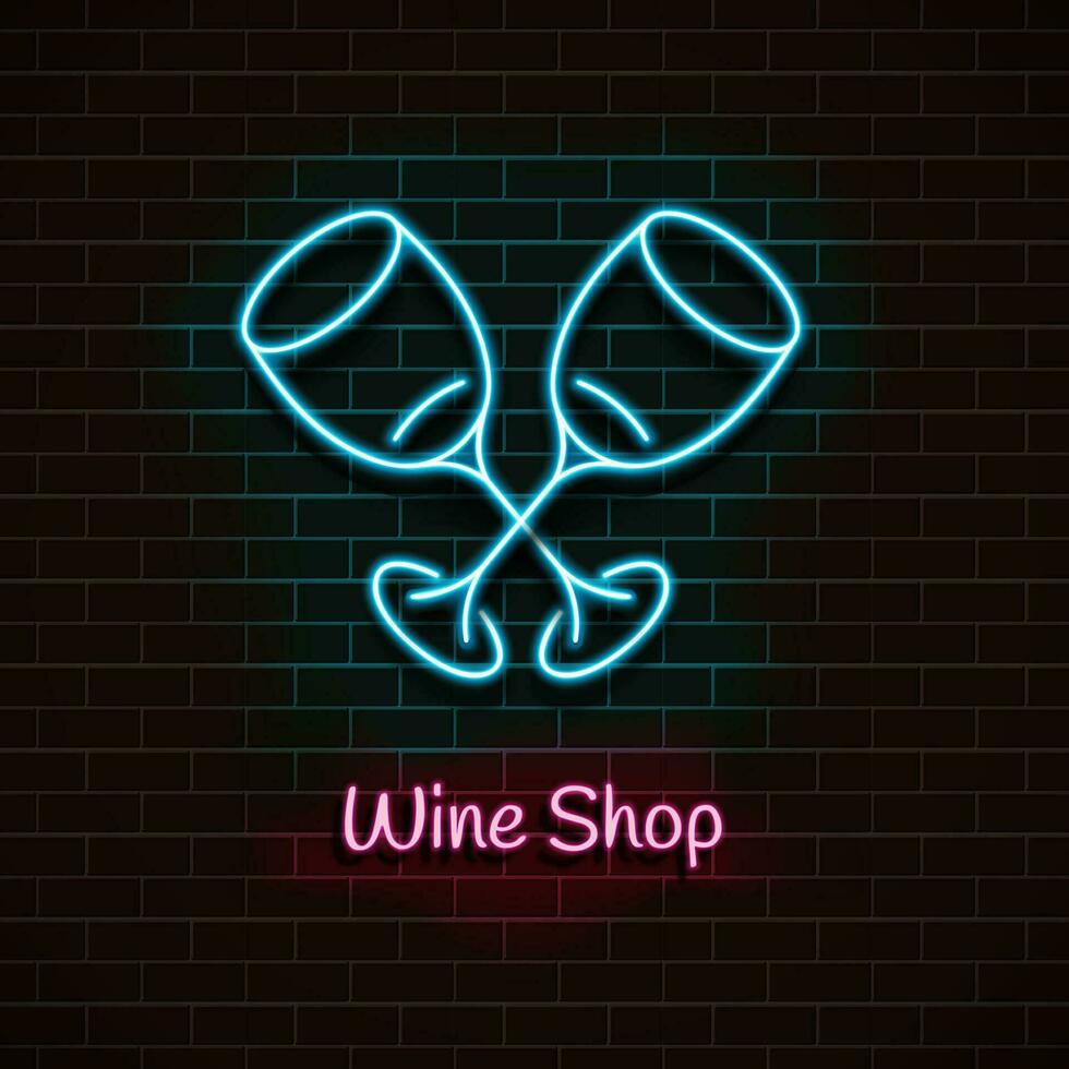 Wein Geschäft. Neon- Blau unterzeichnen. Licht Banner. Vektor Illustration.