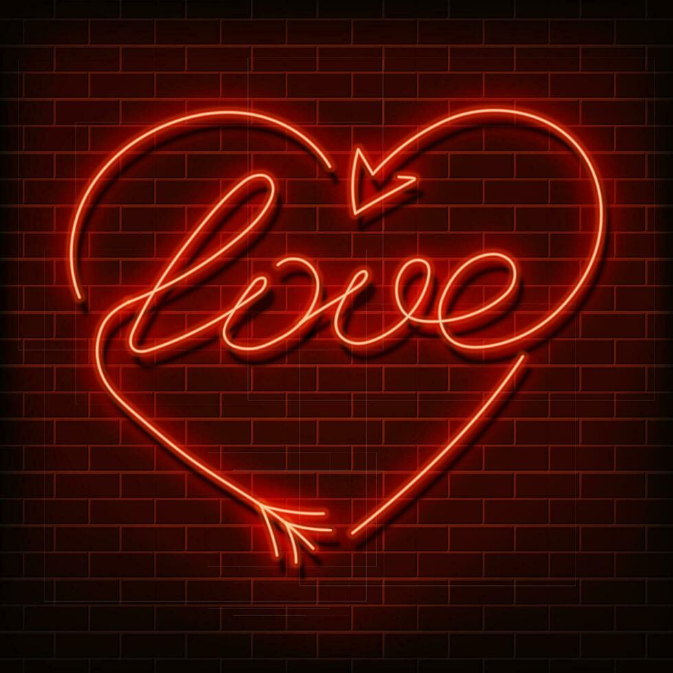 neon ord kärlek. en ljus röd tecken på en tegel vägg. element av design för en Lycklig valentine s dag. vektor illustration