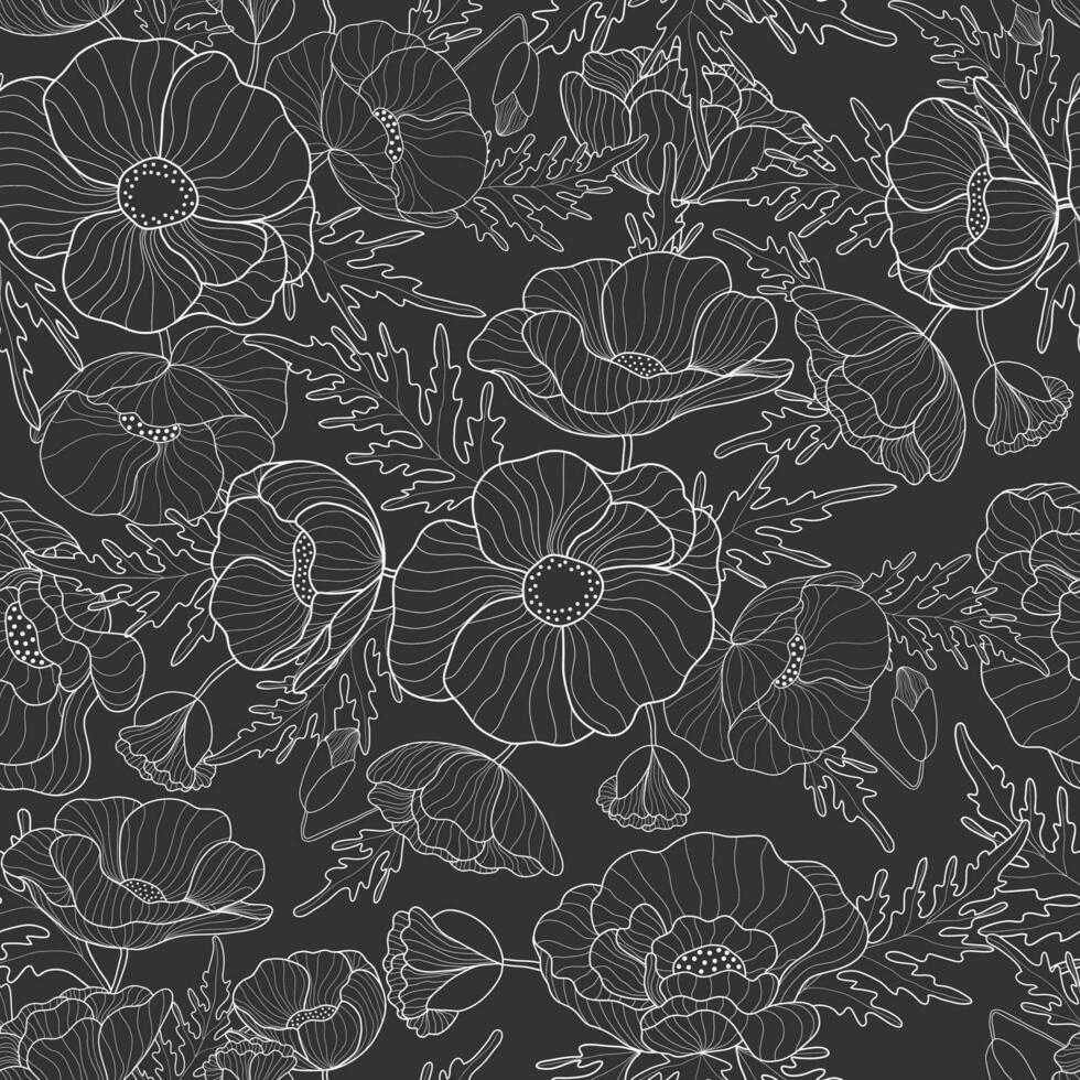 Blumen nahtlos Muster. Weiß Gliederung Mohnblumen auf dunkel Hintergrund. Blumen- drucken zum Textil, Tapeten, Stoff und Verpackung Papier vektor