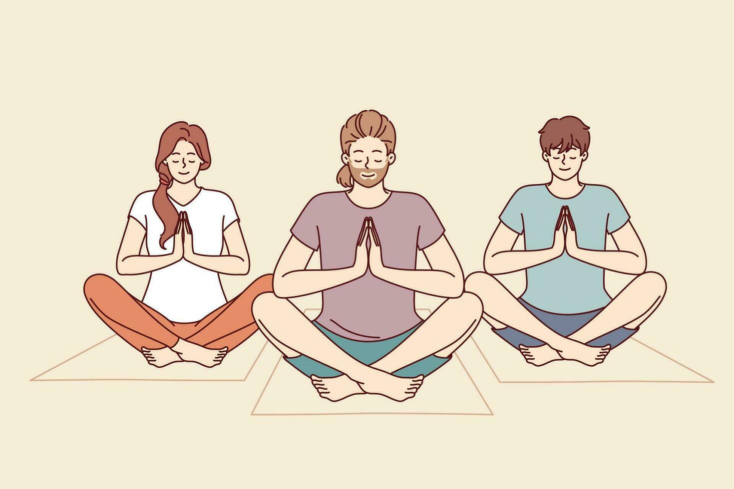 Menschen tun Meditation und Yoga Sitzung auf Fitness Matten und nehmen Lotus Position zu tun Zen ausüben. freunde meditieren und tun Yoga zu reinigen Seele und verbessern mental Zustand nach schwierig Leben Zeitraum. vektor