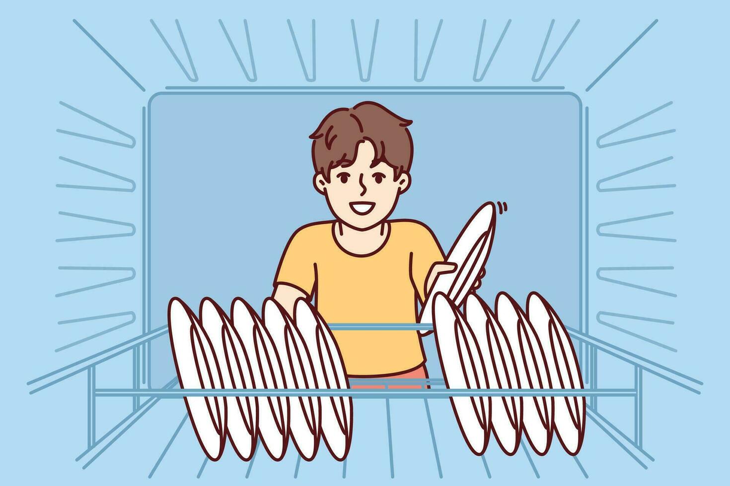 liten pojke sätter maträtter i diskmaskin till ha kvar han själv hygienisk och till hjälp föräldrar med hushållsarbete. Lycklig preeteen barn lossar diskmaskin med nöje och utseende på skärm leende. vektor