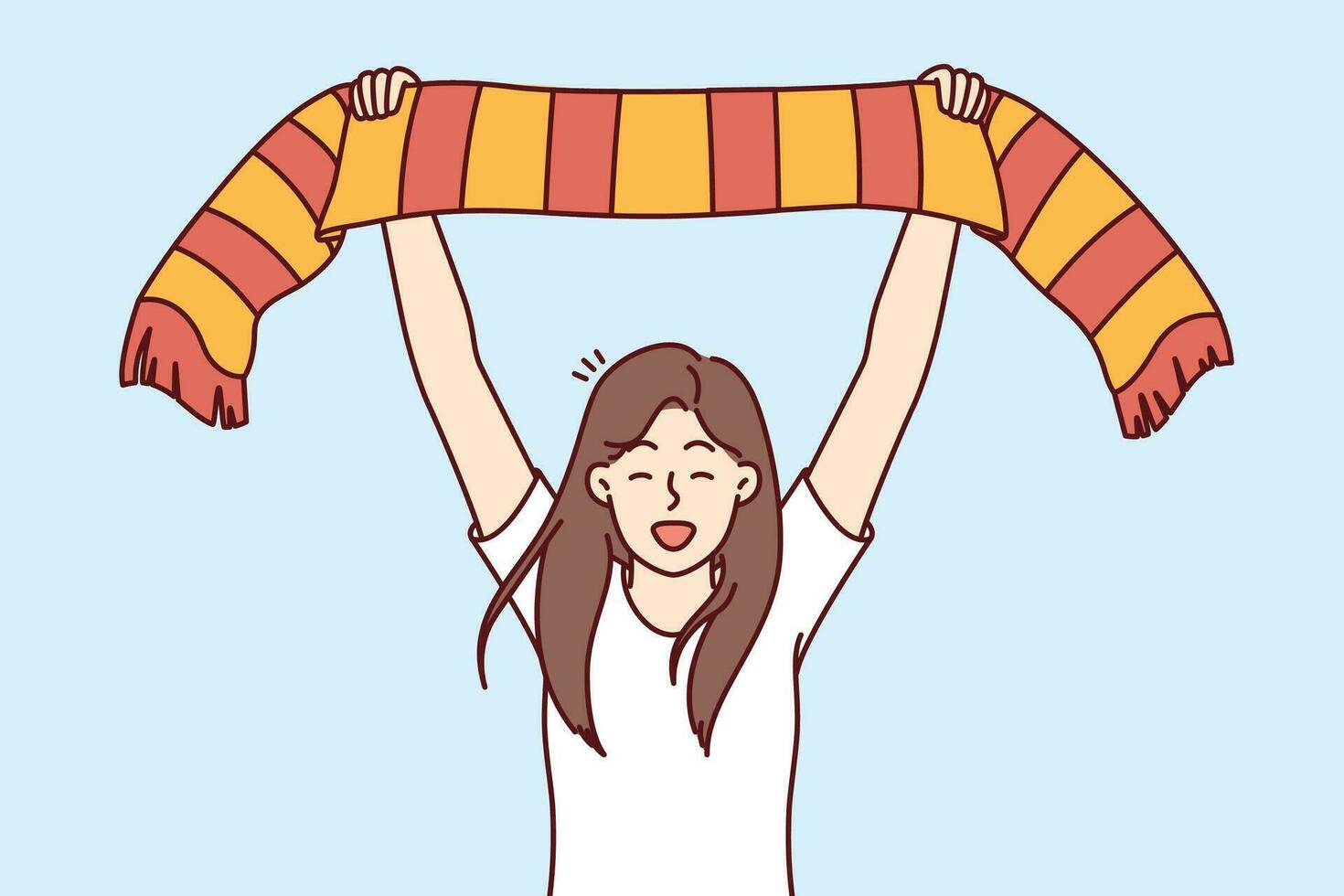 kvinna fotboll fläkt stöder favorit sporter team och ropar med glädje höjning scarf över huvud. flicka fläkt med kläder i färger av universitet team under turnering på fotboll stadion. vektor