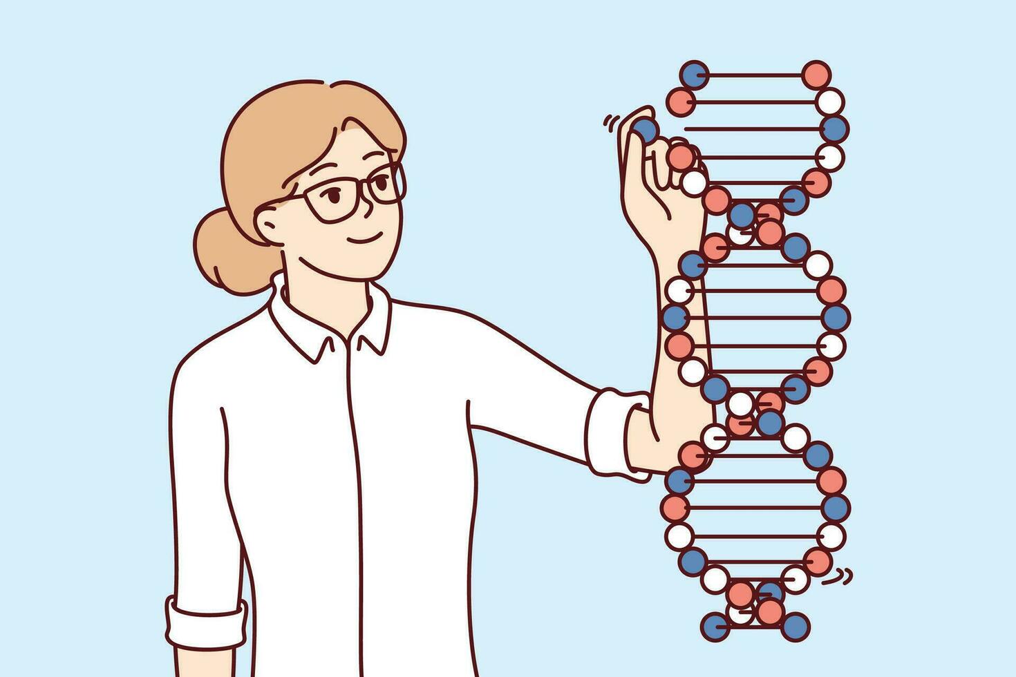 Frau Genetiker Studien DNA Kette Stehen in der Nähe von Genom Molekül und modifizieren genetisch Probe. jung Mädchen werden untersuchen Sequenzierung und Mutation von Mensch DNA Das Ursachen tötlich Krankheiten vektor