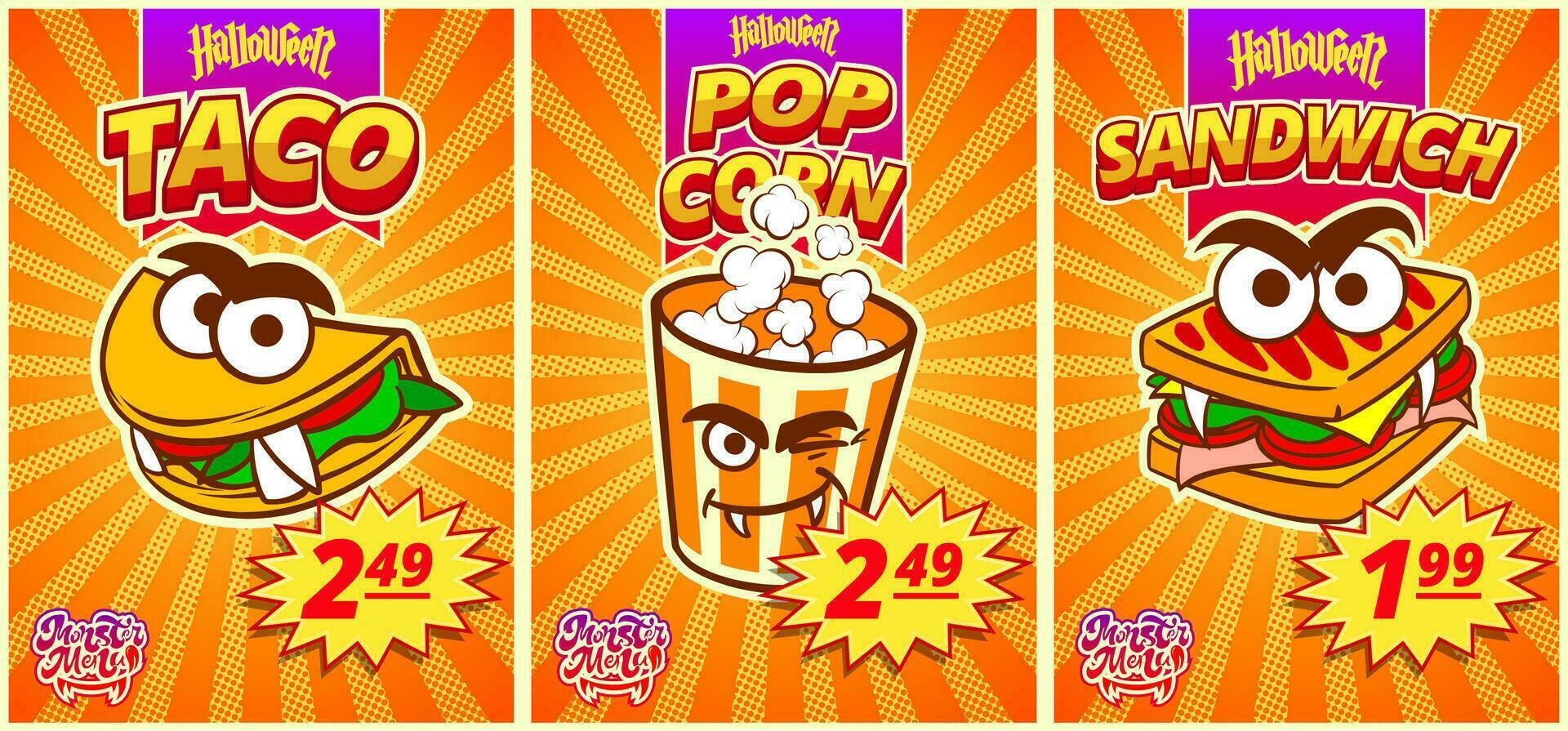 meny monster med popcorn, smörgåsar, tacos. horisontell affisch med pris märka för halloween snabb mat Kafé. vektor illustration.