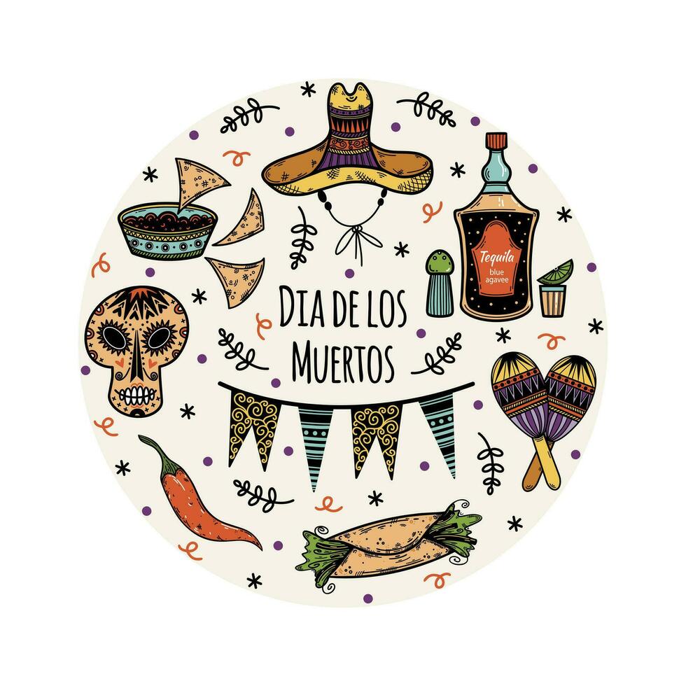 dia de los Muertos Vektor Satz. Mexikaner Urlaub Symbole - - Zucker Schädel, Sombrero, Marakas, Tequila, Taco, Burritos, Girlande. Zubehör zum das Tag von das tot. eben Karikatur Clip Art zum Karneval, drucken