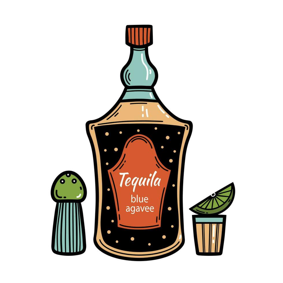 Flasche und Glas von Tequila Vektor Symbol. Mexikaner trinken, Schuss mit Limette Scheibe und Salz. Alkohol von das Blau Agave Kaktus. Hand gezeichnet skizzieren isoliert auf Weiß. Jahrgang Clip Art zum Bar, Speisekarte, drucken