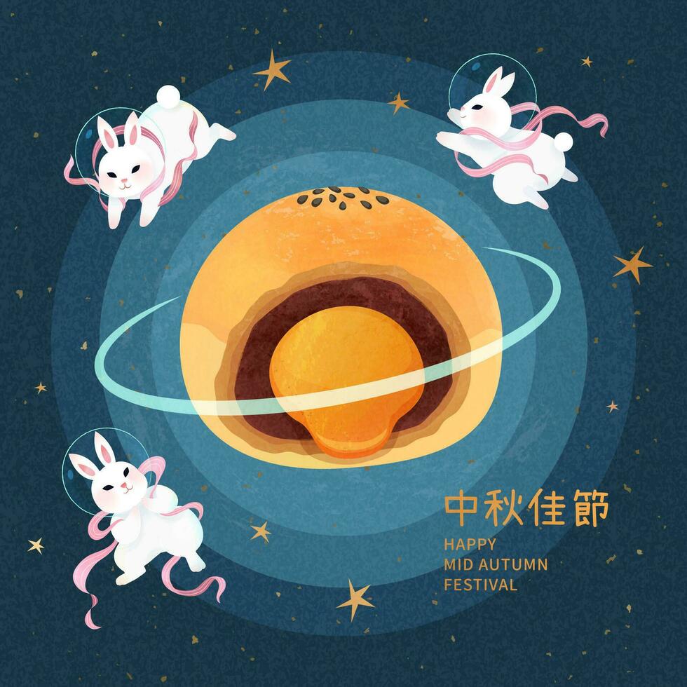 schön Jade Kaninchen fliegend um köstlich Eigelb Gebäck auf dunkel Blau Hintergrund, glücklich Mitte Herbst Festival geschrieben im Chinesisch Wörter vektor