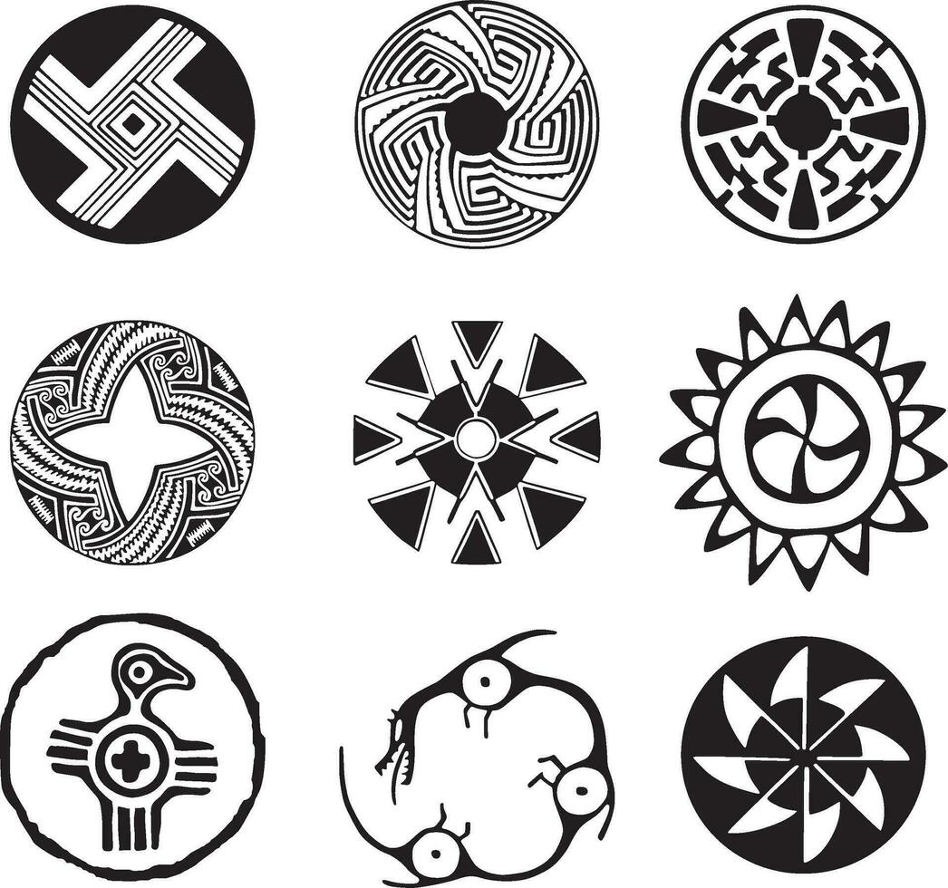Vektor einfarbig einstellen von einheimisch amerikanisch Symbole. Muster Totem von das Völker von zentral und Süd Amerika, Azteken, Maya, Inkas