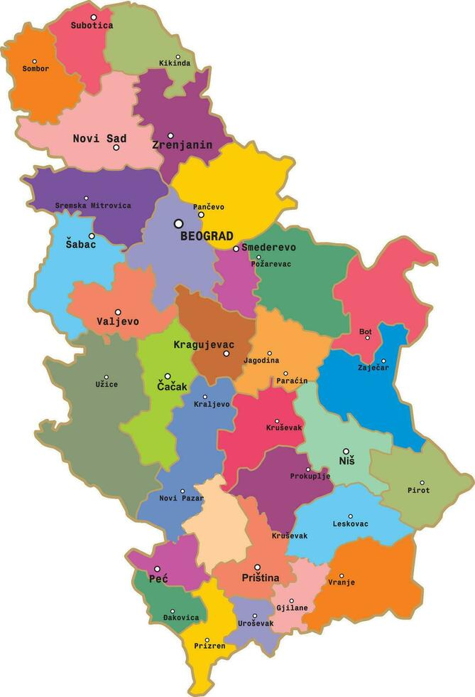 Vektor farbig administrative Karte von Serbien. das Gebiet von ein europäisch Zustand mit groß Städte, Grenzen von Regionen.