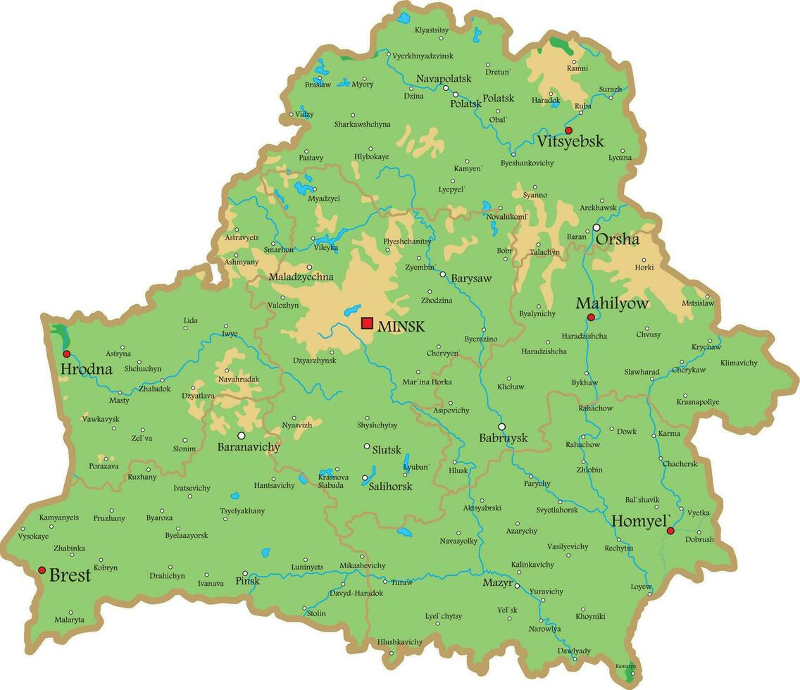 Vektor Farbe physisch Karte von das Republik von Weißrussland. das Gebiet von das Zustand mit Straßen, Grenzen von Regionen und Haupt Städte. Erdkunde von das Land.