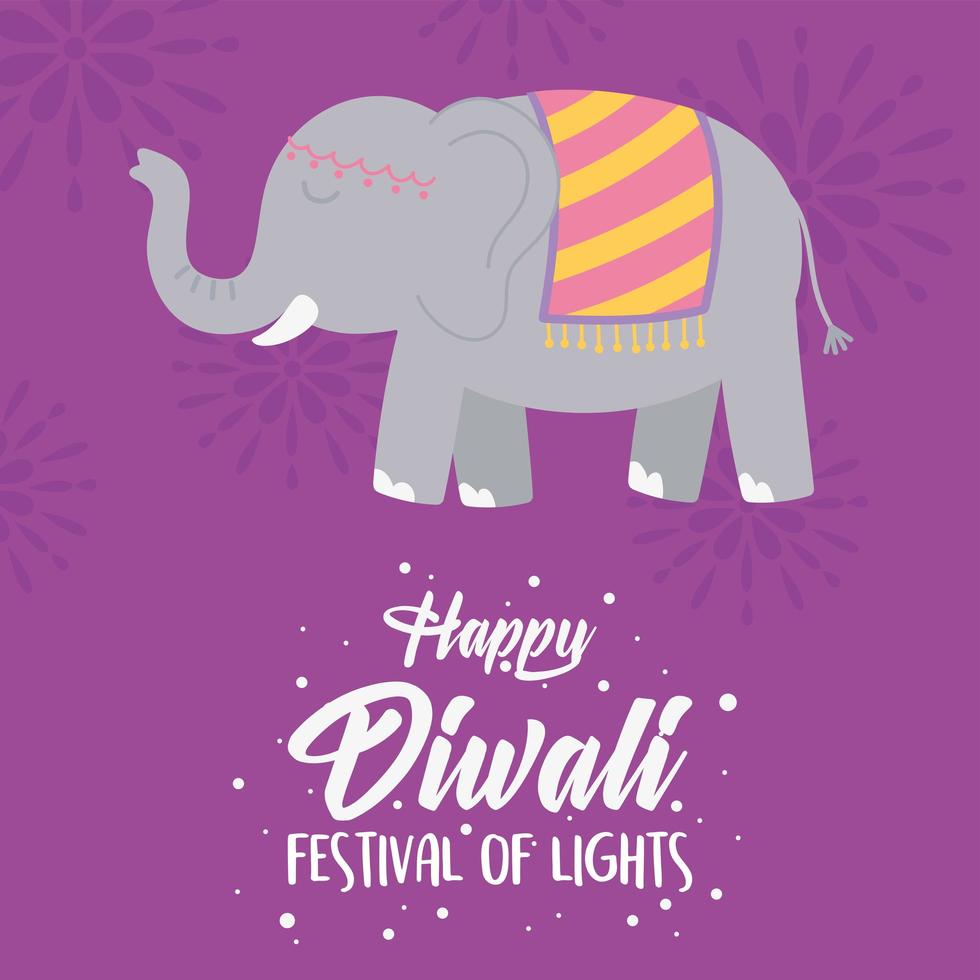 glad diwali festival, gratulationskort med elefant sakral djur affisch vektor design