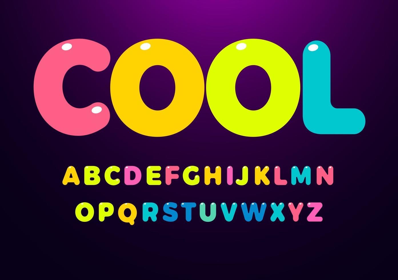 ljusa coola färgade bokstäver. djärvt rundat glansigt alfabet för barnstil. teckensnitt för evenemang, kampanjer, logotyper, banner, monogram och affisch. vektor typografi design.