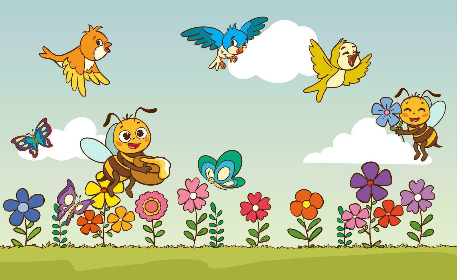 söt Lycklig fågel bi fjäril.fjäril bi och fåglar i natur landskap vektor