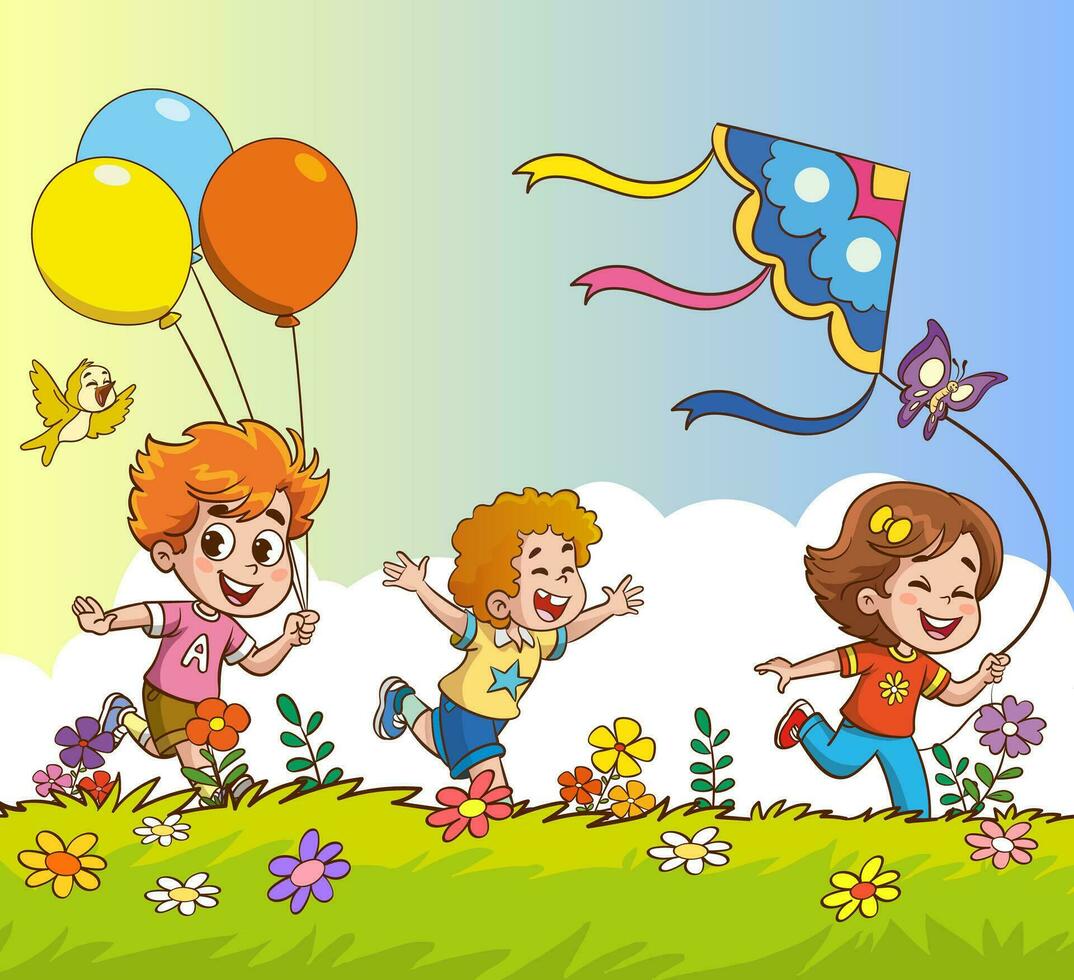 vektor illustrationer av Lycklig barn flygande en drake på de gräs