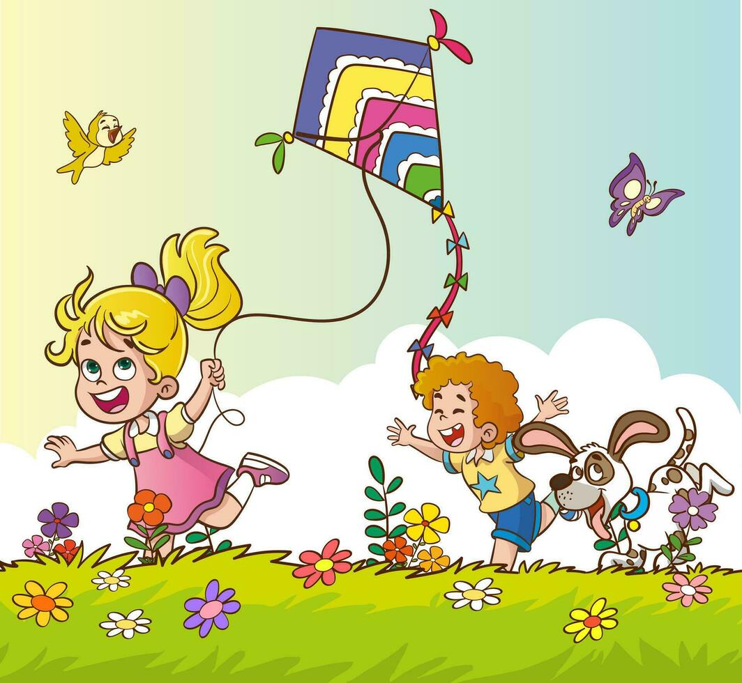 Vektor Abbildungen von glücklich Kinder fliegend ein Drachen auf das Gras