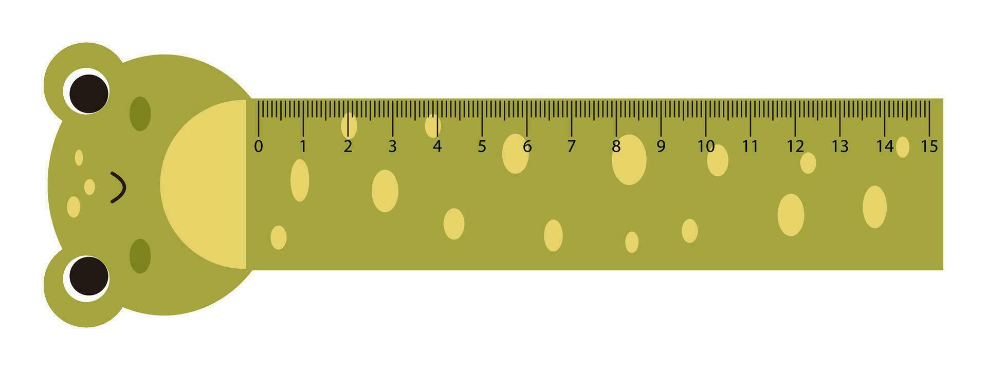 Vektor kawaii Messung Lineal mit lächelnd Frosch. Schüler Messung Werkzeug mit Grün komisch Tier Gesicht. süß Schule Lineal mit Baby Frosch Kopf. Zentimeter Waage.