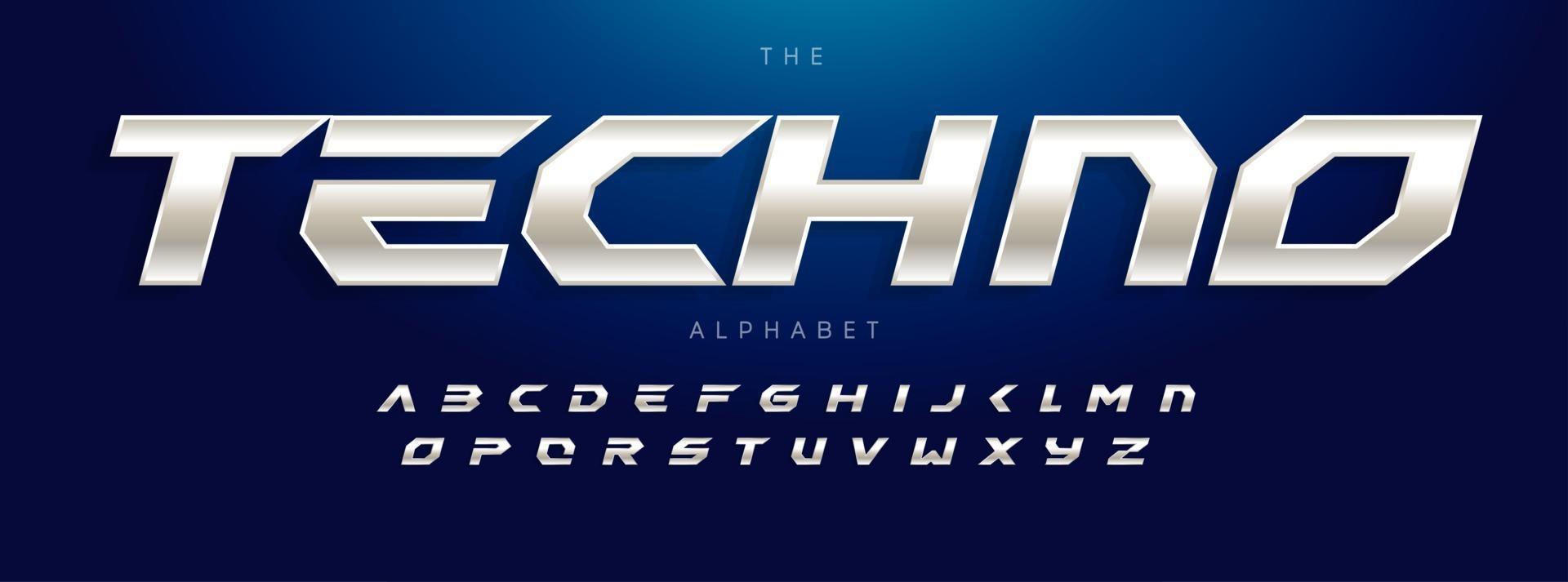 Techno-Futurismus-Alphabet, schräge moderne Schriftart. Stahltyp für modernes Tech-Logo, Schlagzeile von Spiel, Auto, Speed-Auto-Rennen-Typografie. Sport dynamisches Buchstabendesign, typografisches Vektordesign. vektor