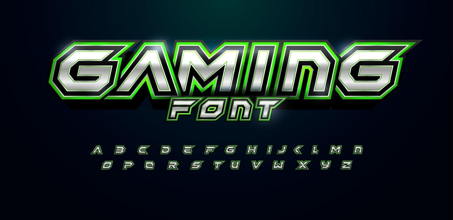 grönt alfabet futuristiskt teckensnitt för videospellogotyp och rubrik. djärva bokstäver med skarpa vinklar och gröna konturer. lutande skarpt teckensnitt på svart bakgrund. vektor typografi design med metall konsistens.