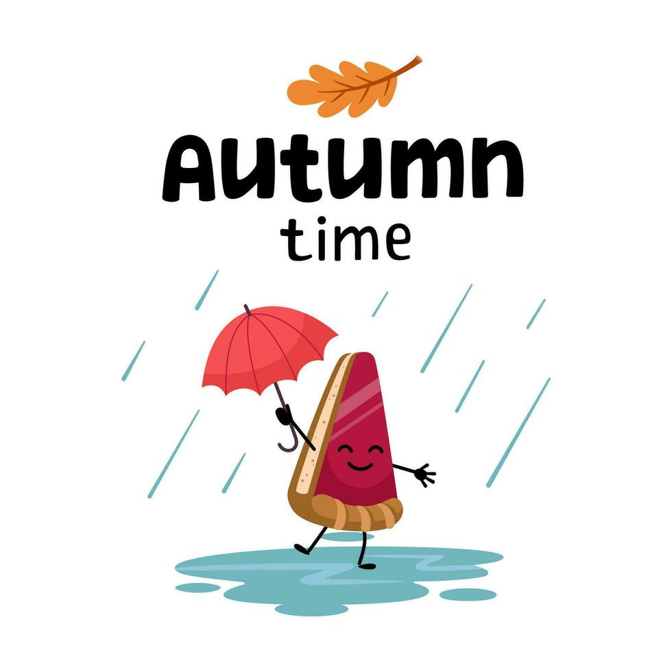 Hej höst mysigt vykort. höst tid text. Lycklig bit av paj med paraply Hoppar genom vattenpölar i de regn. tecknad serie illustration, klotter stil. vektor