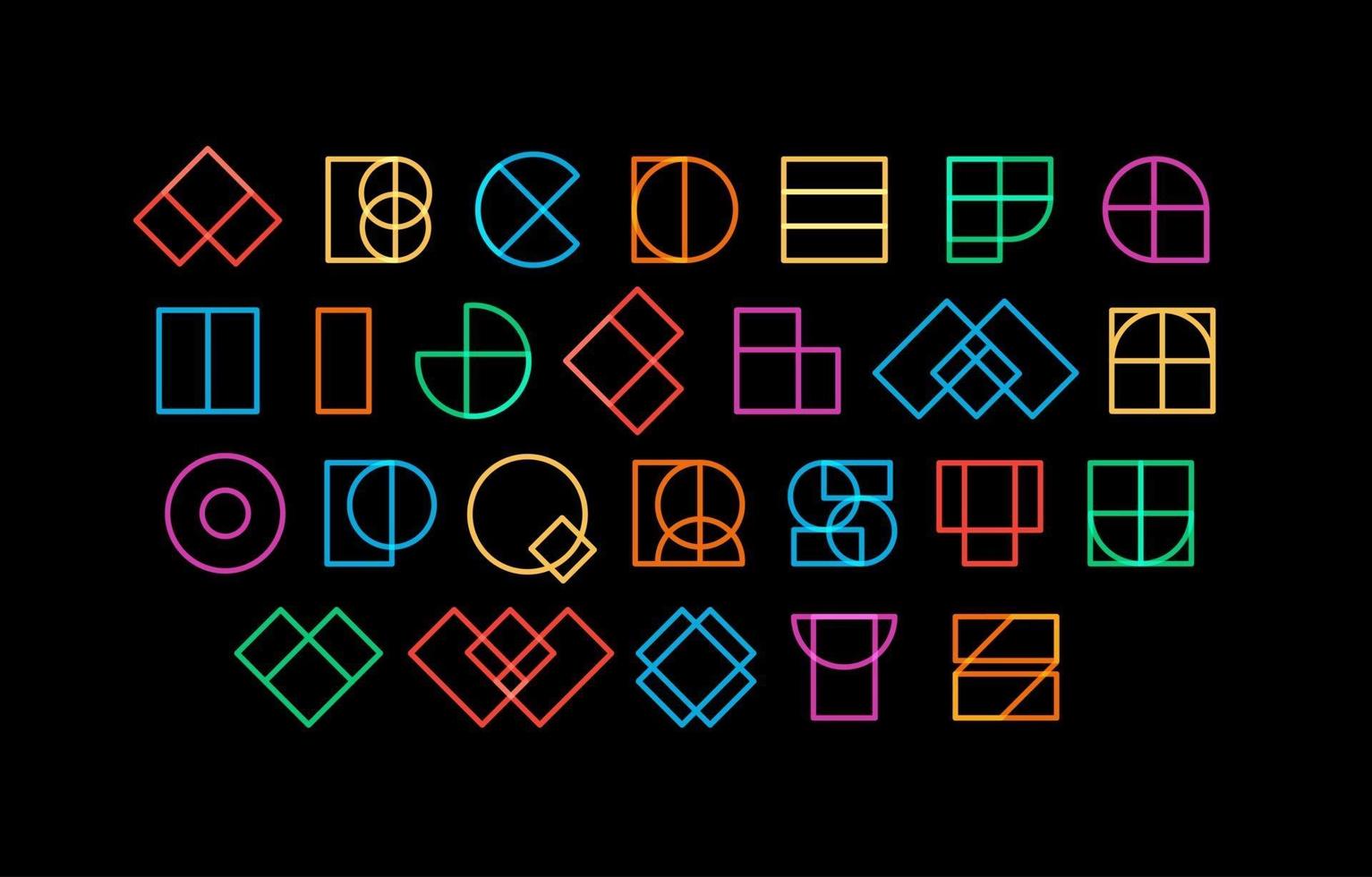 Umrissfarbschrift farbige Buchstaben geometrische Konturformen, dekorativer Linientyp für tolles Rave-Schlagzeilendesign, lineares Logo und Neon-Science-Fiction-Schriftzug, Vektoralphabet. vektor