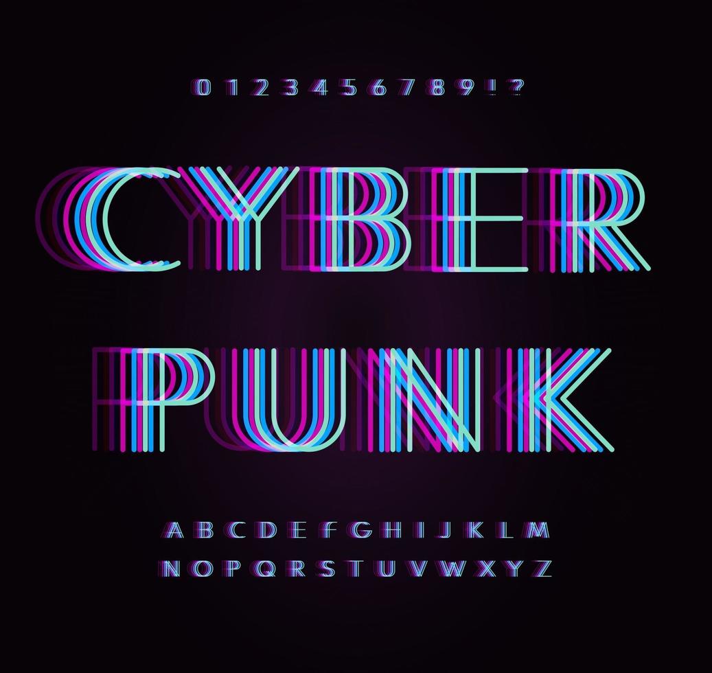 cyber punk bokstäver och siffror. rave overlay fluorescens färger linje stil alfabetet. originalvektor typsnittdesigner för led-affischer, digitala annonser, framtida logotyp, cyberidentiteter, sportevenemang vektor