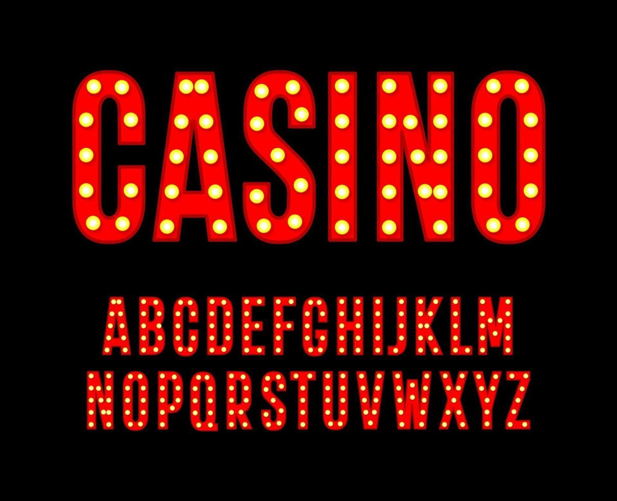 rote Buchstaben mit Glühbirnen. hohes und schmales Alphabet. Schriftart für Kino-Casino-Poster, Karnevals- und Festivaldekoration, Logos für Glücksspiel-Nachtclubs. Vektortypografie-Design vektor