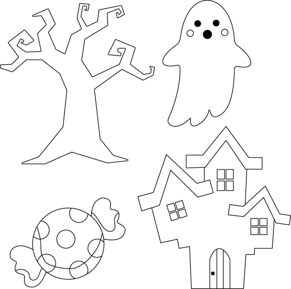 översikt halloween ClipArt uppsättning innehåller en spöke, häxa hatt, katt , måne, hus, grav, och pumpa vektor