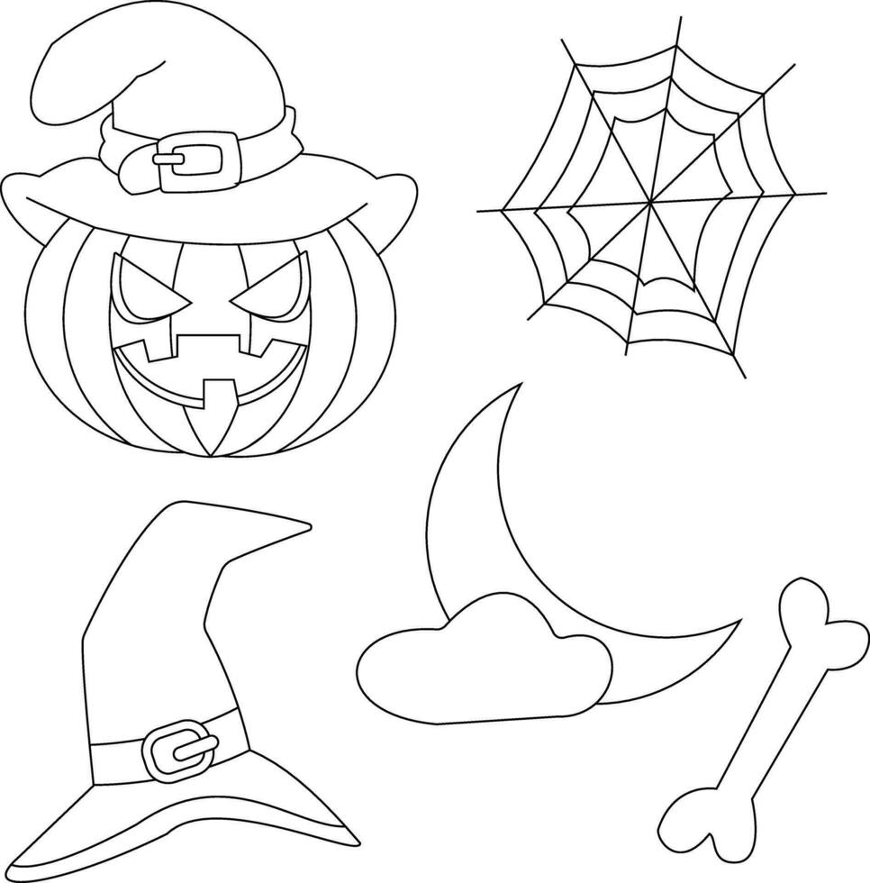 översikt halloween ClipArt uppsättning innehåller en spöke, häxa hatt, katt , måne, hus, grav, och pumpa vektor