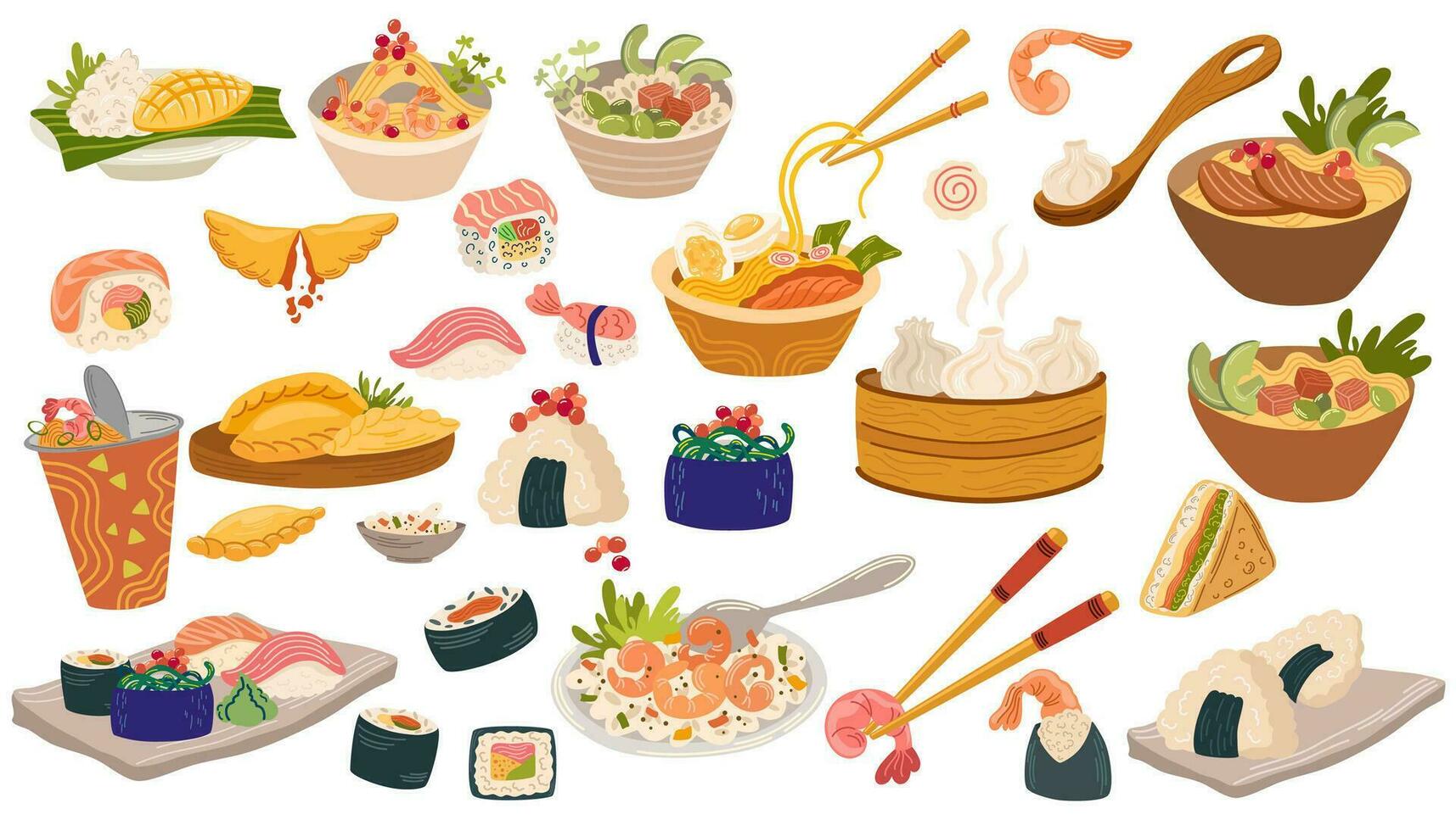 asiatisch Essen Satz. verschiedene asiatisch Essen, Nudeln, Sushi, nori, Reis, Fisch, Meeresfrüchte und Soja Soße. Vektor Illustration zum Menüs, Cafés, Restaurants, Drucken.