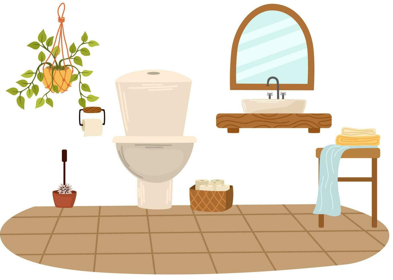 Badezimmer Innere. Toilette, Waschbecken, Spiegel, Zimmerpflanze, Wäsche Korb, Stuhl mit Handtücher. eben Vektor Illustration isoliert auf Weiß Hintergrund