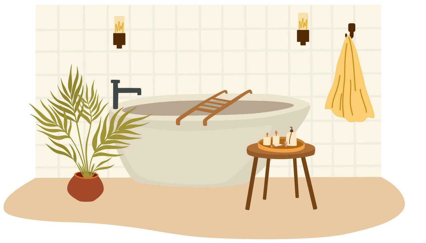 badrum interiör. bad, handduk på en galge, tabell med ljus, matta, krukväxt. platt vektor illustration isolerat på vit bakgrund