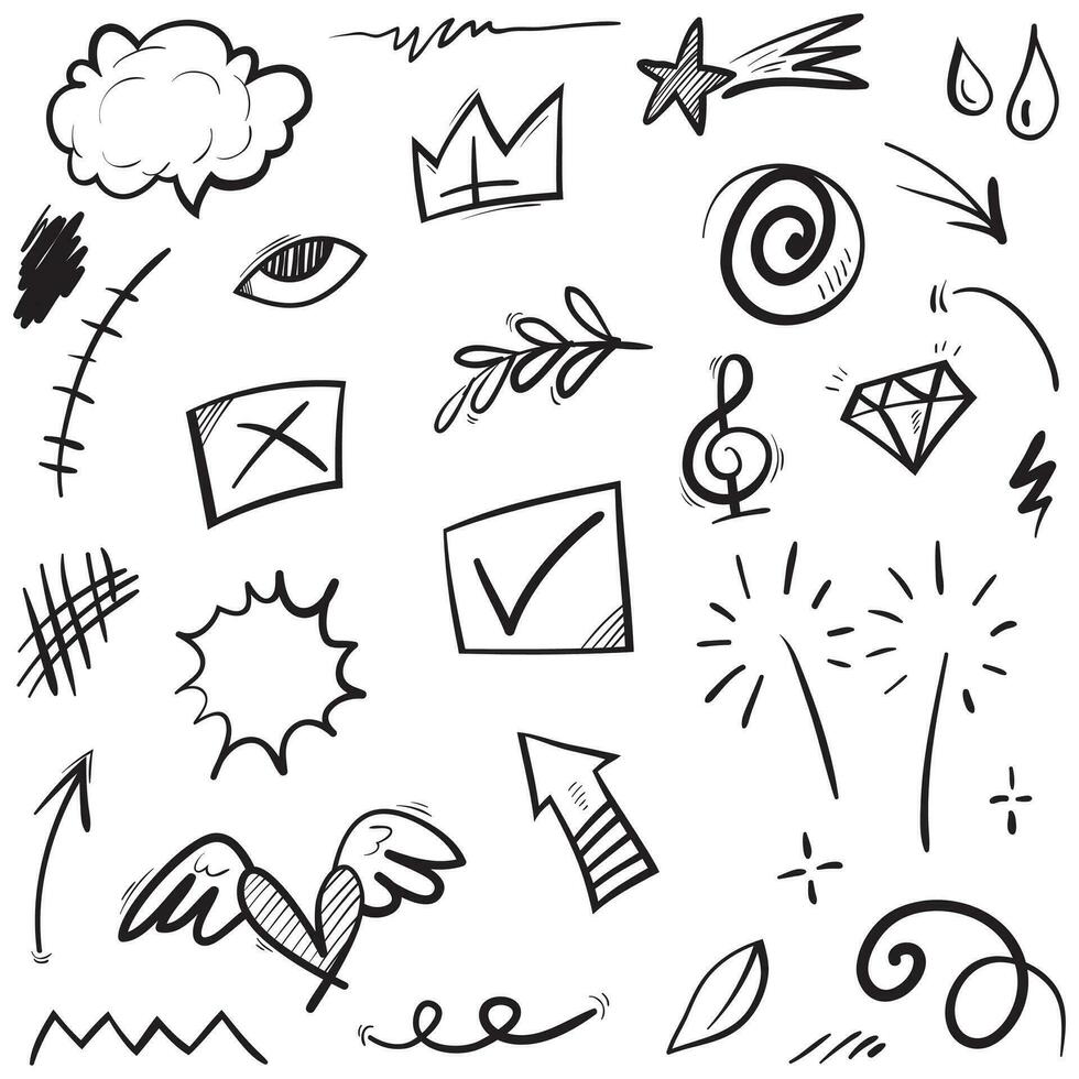 Vektorset von handgezeichneten Cartoony-Ausdruckszeichen-Doodle, Kurvenrichtungspfeilen, Emoticon-Effekt-Designelementen, Cartoon-Charakter-Emotionssymbolen, niedlichen dekorativen Pinselstrichlinien. vektor