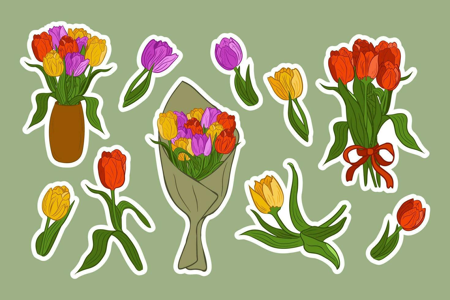 einstellen von eben Vektor bunt Tulpen Aufkleber. Hand gezeichnet isoliert Elemente mit Weiß Umriss. Trauben von Tulpen im Keramik Vase, im Papier und mit Schleife. botanisch einzigartig Design