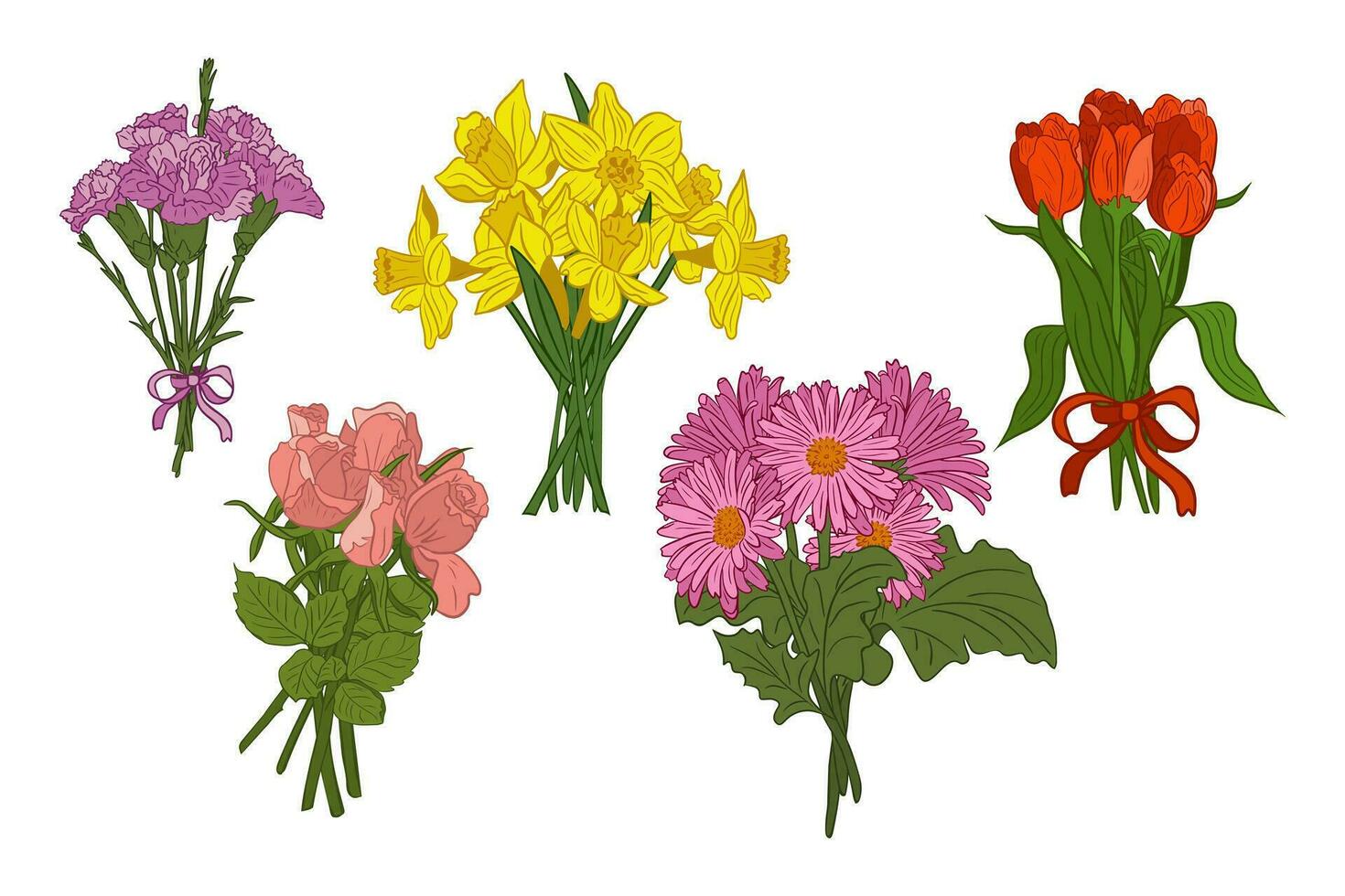 eben Vektor Blumensträuße von farbig Blumen. Trauben von Nelken, Rosen, Narzissen, Gerbera, Tulpen auf Weiß Hintergrund. beschwingt Blumen- Kompositionen. Ideal zum Gruß Karte, Einladung, Banner