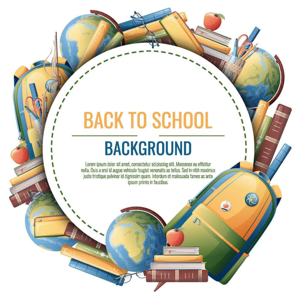 tillbaka till skola ram design. affisch, vykort med ryggsäck, böcker, klot. skola, kunskap, utbildningsbakgrund med skola leveranser vektor